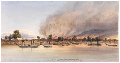 The destruction of the town of Cascas in Senegal by Edouard Auguste Nousveaux